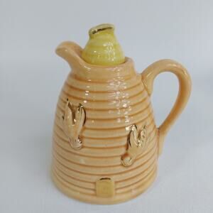 Vtg Ceramic Honey Pot w/‎ Handle & Spout Made In USA Gold Highlighted bee's